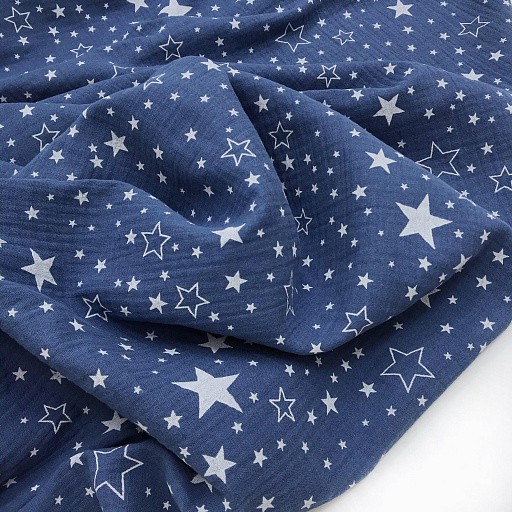 № М389 Муслин -  белые звезды на ярко-синем