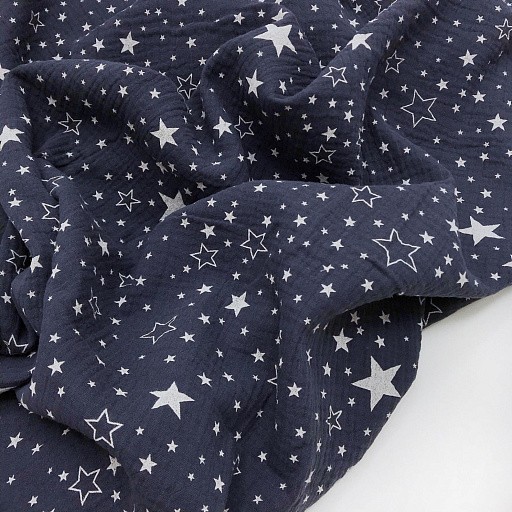 № М387 Муслин -  белые звезды на темно-серо-синем